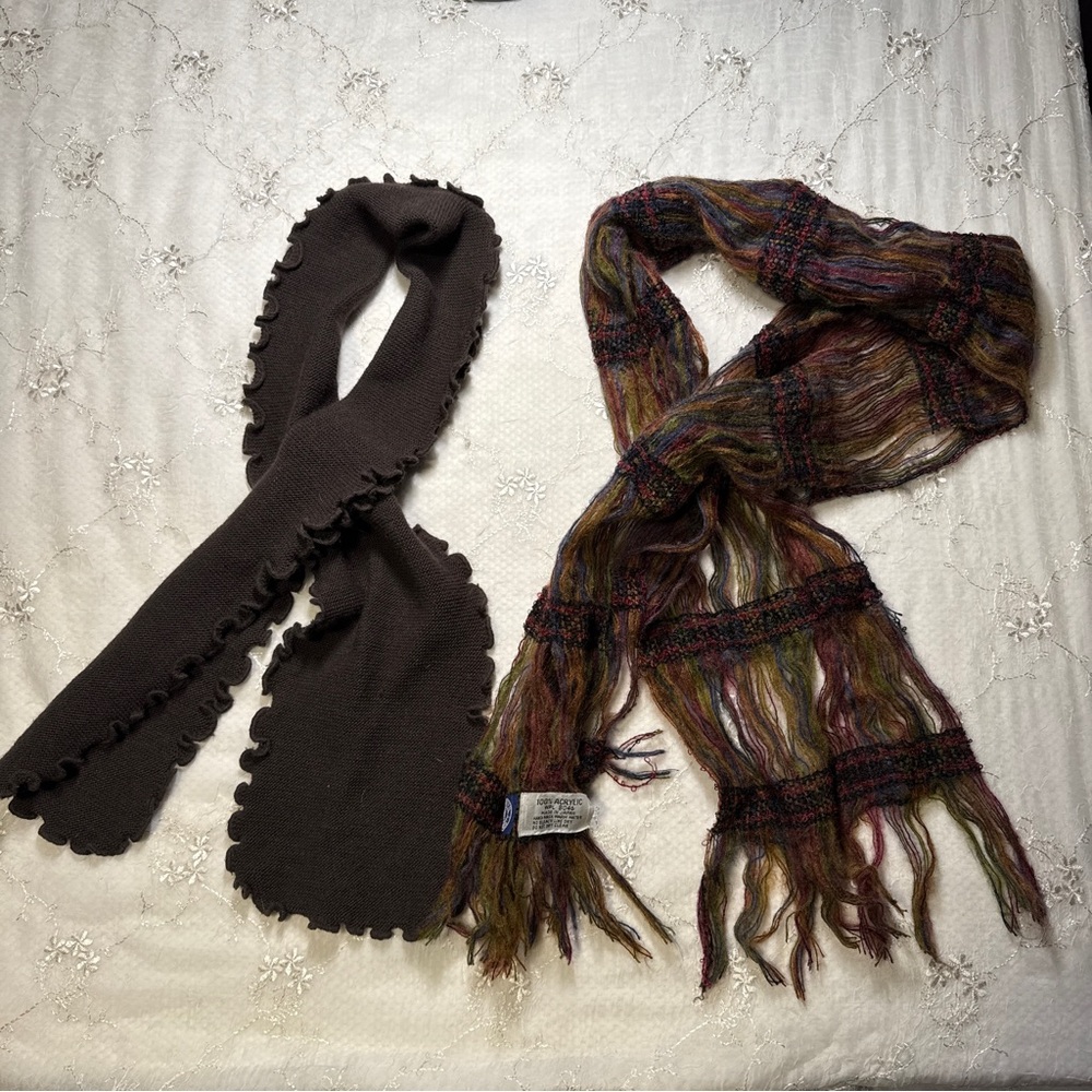 scarf bundle – brown lettuce‑edge ruffle knit + vintage bohemian acrylic scarf